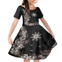 Tropical Hawaii and Philippines Family Matching Puletasi and Hawaiian Shirt Kanaka Maoli and Sun Badge Batok Tattoo Grayscale