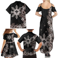 Tropical Hawaii and Philippines Family Matching Summer Maxi Dress and Hawaiian Shirt Kanaka Maoli and Sun Badge Batok Tattoo Grayscale