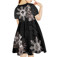 Tropical Hawaii and Philippines Kid Short Sleeve Dress Kanaka Maoli and Sun Badge Batok Tattoo Grayscale