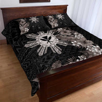 Tropical Hawaii and Philippines Quilt Bed Set Kanaka Maoli and Sun Badge Batok Tattoo Grayscale