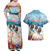 New Zealand Merry Christmas Couples Matching Off Shoulder Maxi Dress and Hawaiian Shirt Kiwi Birds Snow Boarding-Vibrant Tropical Flower LT03 - Polynesian Pride