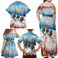 New Zealand Merry Christmas Family Matching Off Shoulder Maxi Dress and Hawaiian Shirt Kiwi Birds Snow Boarding-Vibrant Tropical Flower - Polynesian Pride