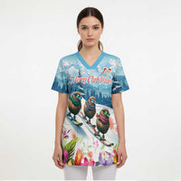 New Zealand Merry Christmas Scrub Top Kiwi Birds Snow Boarding-Vibrant Tropical Flower - Polynesian Pride