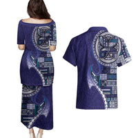 Samoan Siapo Art Tattoo Polynesian Pattern Couples Matching Puletasi and Hawaiian Shirt Navy Color - Polynesian Pride