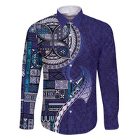 Samoan Siapo Art Tattoo Polynesian Pattern Family Matching Off The Shoulder Long Sleeve Dress and Hawaiian Shirt Navy Color - Polynesian Pride