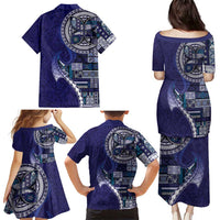 Samoan Siapo Art Tattoo Polynesian Pattern Family Matching Puletasi and Hawaiian Shirt Navy Color - Polynesian Pride