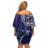 Samoan Siapo Art Tattoo Polynesian Pattern Off Shoulder Short Dress Navy Color - Polynesian Pride