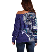 Samoan Siapo Art Tattoo Polynesian Pattern Off Shoulder Sweater Navy Color - Polynesian Pride