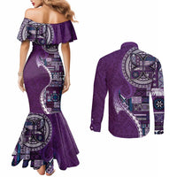 Samoan Siapo Art Tattoo Polynesian Pattern Couples Matching Mermaid Dress and Long Sleeve Button Shirt Purple Color - Polynesian Pride