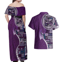 Samoan Siapo Art Tattoo Polynesian Pattern Couples Matching Off Shoulder Maxi Dress and Hawaiian Shirt Purple Color - Polynesian Pride
