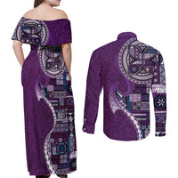 Samoan Siapo Art Tattoo Polynesian Pattern Couples Matching Off Shoulder Maxi Dress and Long Sleeve Button Shirt Purple Color - Polynesian Pride