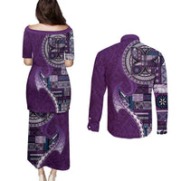 Samoan Siapo Art Tattoo Polynesian Pattern Couples Matching Puletasi and Long Sleeve Button Shirt Purple Color - Polynesian Pride