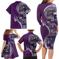 Samoan Siapo Art Tattoo Polynesian Pattern Family Matching Long Sleeve Bodycon Dress and Hawaiian Shirt Purple Color - Polynesian Pride