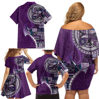 Samoan Siapo Art Tattoo Polynesian Pattern Family Matching Off Shoulder Short Dress and Hawaiian Shirt Purple Color - Polynesian Pride