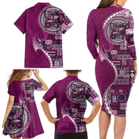 Samoan Siapo Art Tattoo Polynesian Pattern Family Matching Long Sleeve Bodycon Dress and Hawaiian Shirt Pink Color - Polynesian Pride