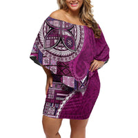 Samoan Siapo Art Tattoo Polynesian Pattern Off Shoulder Short Dress Pink Color LT03 Women Pink - Polynesian Pride