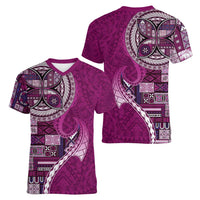 Samoan Siapo Art Tattoo Polynesian Pattern Women V-Neck T-Shirt Pink Color - Polynesian Pride