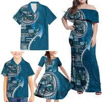 Samoan Siapo Art Tattoo Polynesian Pattern Family Matching Off Shoulder Maxi Dress and Hawaiian Shirt Teal Color - Polynesian Pride