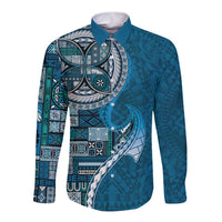 Samoan Siapo Art Tattoo Polynesian Pattern Long Sleeve Button Shirt Teal Color - Polynesian Pride