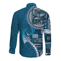 Samoan Siapo Art Tattoo Polynesian Pattern Long Sleeve Button Shirt Teal Color - Polynesian Pride