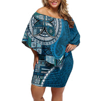 Samoan Siapo Art Tattoo Polynesian Pattern Off Shoulder Short Dress Teal Color LT03 Women Teal - Polynesian Pride