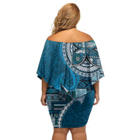Samoan Siapo Art Tattoo Polynesian Pattern Off Shoulder Short Dress Teal Color LT03 - Polynesian Pride