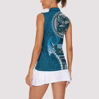 Samoan Siapo Art Tattoo Polynesian Pattern Women Sleeveless Polo Shirt Teal Color - Polynesian Pride