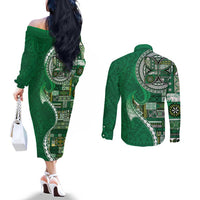Samoan Siapo Art Tattoo Polynesian Pattern Couples Matching Off The Shoulder Long Sleeve Dress and Long Sleeve Button Shirt Green Color - Polynesian Pride