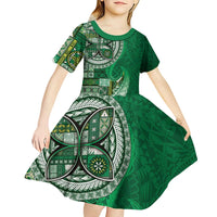 Samoan Siapo Art Tattoo Polynesian Pattern Kid Short Sleeve Dress Green Color - Polynesian Pride