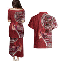 Samoan Siapo Art Tattoo Polynesian Pattern Couples Matching Puletasi and Hawaiian Shirt Red Color - Polynesian Pride