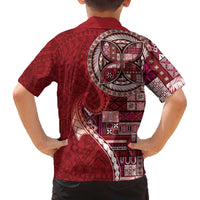 Samoan Siapo Art Tattoo Polynesian Pattern Family Matching Off The Shoulder Long Sleeve Dress and Hawaiian Shirt Red Color - Polynesian Pride