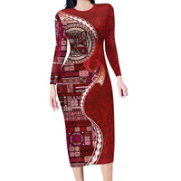 Samoan Siapo Art Tattoo Polynesian Pattern Long Sleeve Bodycon Dress Red Color - Polynesian Pride