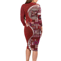 Samoan Siapo Art Tattoo Polynesian Pattern Long Sleeve Bodycon Dress Red Color - Polynesian Pride