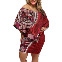 Samoan Siapo Art Tattoo Polynesian Pattern Off Shoulder Short Dress Red Color LT03 Women Red - Polynesian Pride