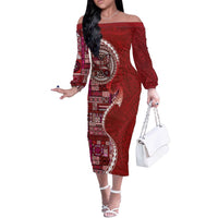 Samoan Siapo Art Tattoo Polynesian Pattern Off The Shoulder Long Sleeve Dress Red Color - Polynesian Pride