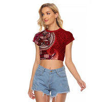 Samoan Siapo Art Tattoo Polynesian Pattern Raglan Cropped T Shirt Red Color - Polynesian Pride