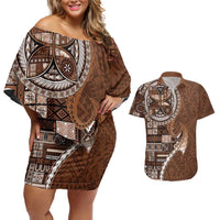 Samoan Siapo Art Tattoo Polynesian Pattern Couples Matching Off Shoulder Short Dress and Hawaiian Shirt Brown Color - Polynesian Pride