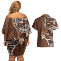 Samoan Siapo Art Tattoo Polynesian Pattern Couples Matching Off Shoulder Short Dress and Hawaiian Shirt Brown Color - Polynesian Pride