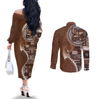 Samoan Siapo Art Tattoo Polynesian Pattern Couples Matching Off The Shoulder Long Sleeve Dress and Long Sleeve Button Shirt Brown Color - Polynesian Pride
