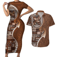 Samoan Siapo Art Tattoo Polynesian Pattern Couples Matching Short Sleeve Bodycon Dress and Hawaiian Shirt Brown Color - Polynesian Pride