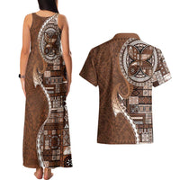 Samoan Siapo Art Tattoo Polynesian Pattern Couples Matching Tank Maxi Dress and Hawaiian Shirt Brown Color - Polynesian Pride