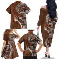Samoan Siapo Art Tattoo Polynesian Pattern Family Matching Off The Shoulder Long Sleeve Dress and Hawaiian Shirt Brown Color - Polynesian Pride