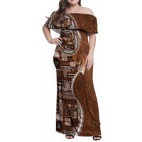 Samoan Siapo Art Tattoo Polynesian Pattern Family Matching Off Shoulder Maxi Dress and Hawaiian Shirt Brown Color - Polynesian Pride