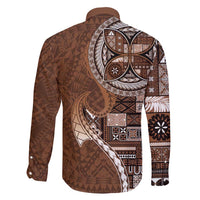 Samoan Siapo Art Tattoo Polynesian Pattern Family Matching Off Shoulder Short Dress and Hawaiian Shirt Brown Color - Polynesian Pride