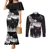 New Zealand Kea Bird Couples Matching Mermaid Dress and Long Sleeve Button Shirt Maori Tattoo and Silver Fern Black Color LT03 Black - Polynesian Pride