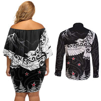 New Zealand Kea Bird Couples Matching Off Shoulder Short Dress and Long Sleeve Button Shirt Maori Tattoo and Silver Fern Black Color LT03 - Polynesian Pride