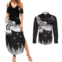 New Zealand Kea Bird Couples Matching Summer Maxi Dress and Long Sleeve Button Shirt Maori Tattoo and Silver Fern Black Color LT03 Black - Polynesian Pride