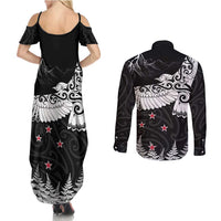 New Zealand Kea Bird Couples Matching Summer Maxi Dress and Long Sleeve Button Shirt Maori Tattoo and Silver Fern Black Color LT03 - Polynesian Pride