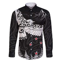 New Zealand Kea Bird Family Matching Mermaid Dress and Hawaiian Shirt Maori Tattoo and Silver Fern Black Color LT03 Dad's Shirt - Long Sleeve Black - Polynesian Pride