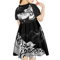 New Zealand Kea Bird Kid Short Sleeve Dress Maori Tattoo and Silver Fern Black Color